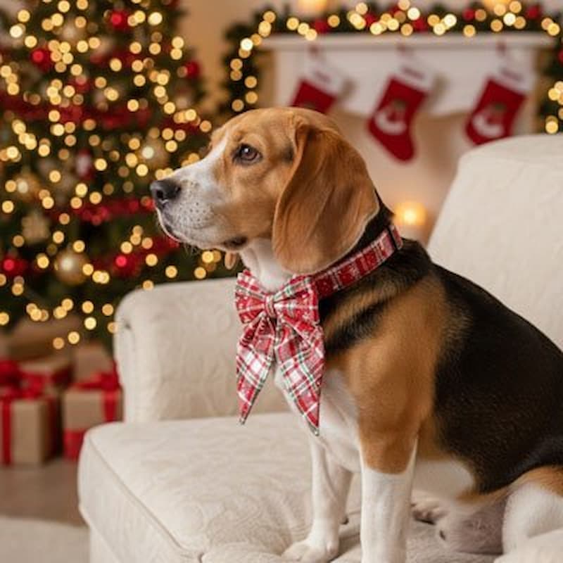beagle collier chien nœud tartan devant sapin et cheminée décorés