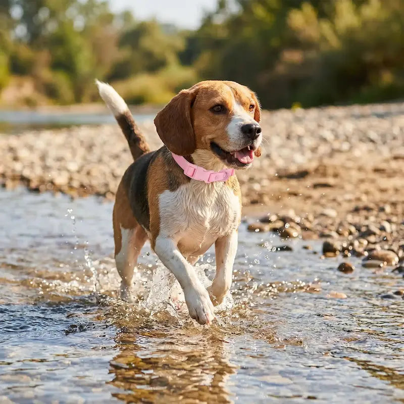 beagle court dans eau avec collier pour chien rose
