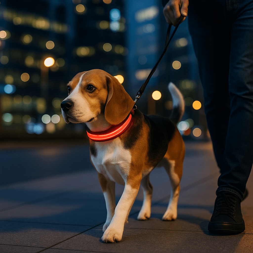 beagle se promene le soir collier chien lumineux rouge