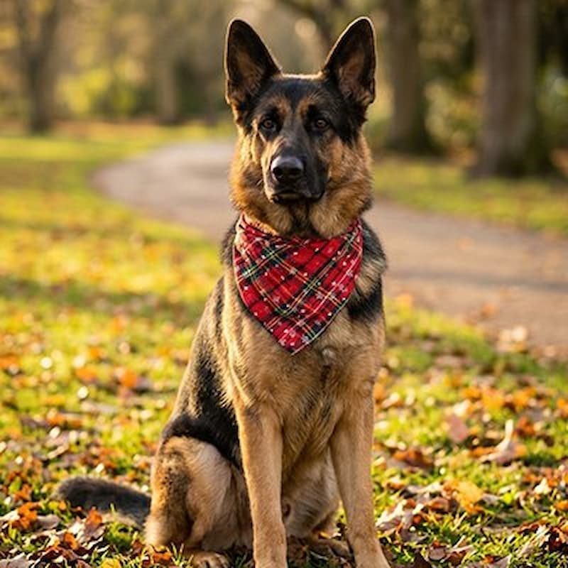 berger allemand assis avec bandana pour chien écossais allée forestière