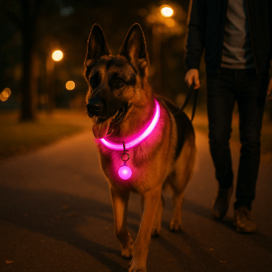 berger allemand collier lumineux pour chien rose balade parc