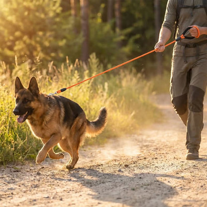 berger allemand court chemin terre attache avec longe chien orange