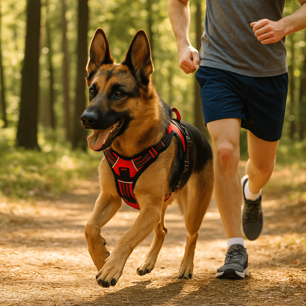 berger allemand court foret avec son maitre harnais pour chien rouge