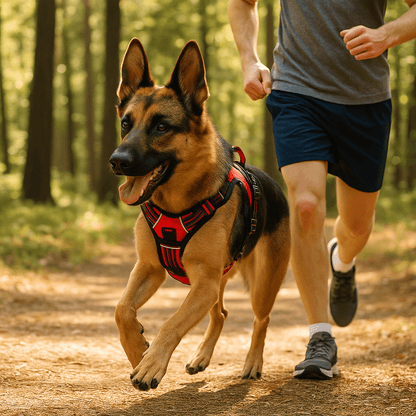 berger allemand court foret avec son maitre harnais pour chien rouge