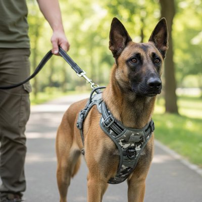 berger allemand en laisse portant harnais pour chien gris