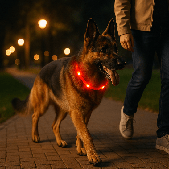 berger allemand promene parc collier lumineux pour chien rouge