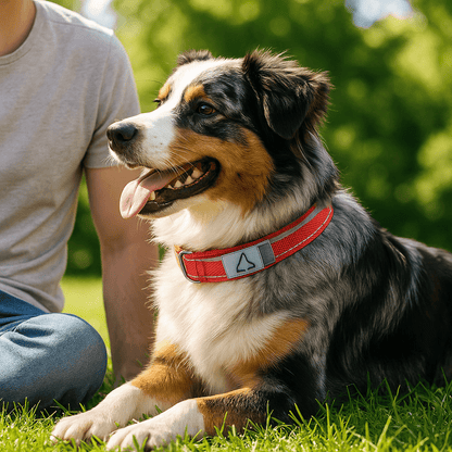 berger australien allonge herbe collier chien rouge