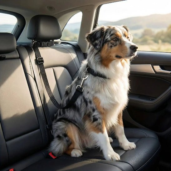 berger australien assis siege voiture attache avec laisse chien noir