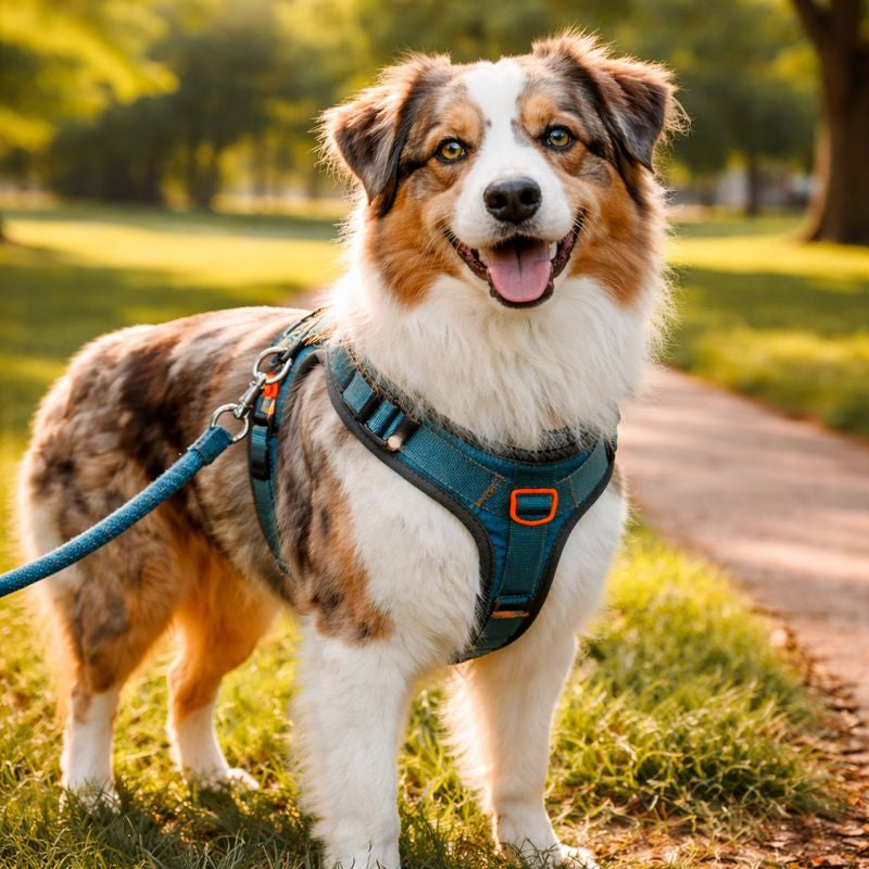 berger australien dans parc portant harnais chien bleu
