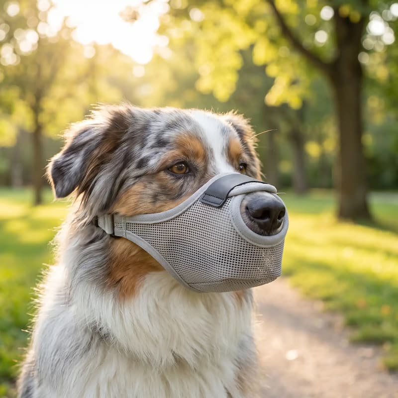 berger australien portant muselière chien grise maille respirante