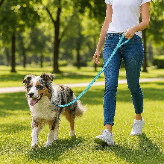 berger australien promenade parc verdoyant laisse pour chien turquoise
