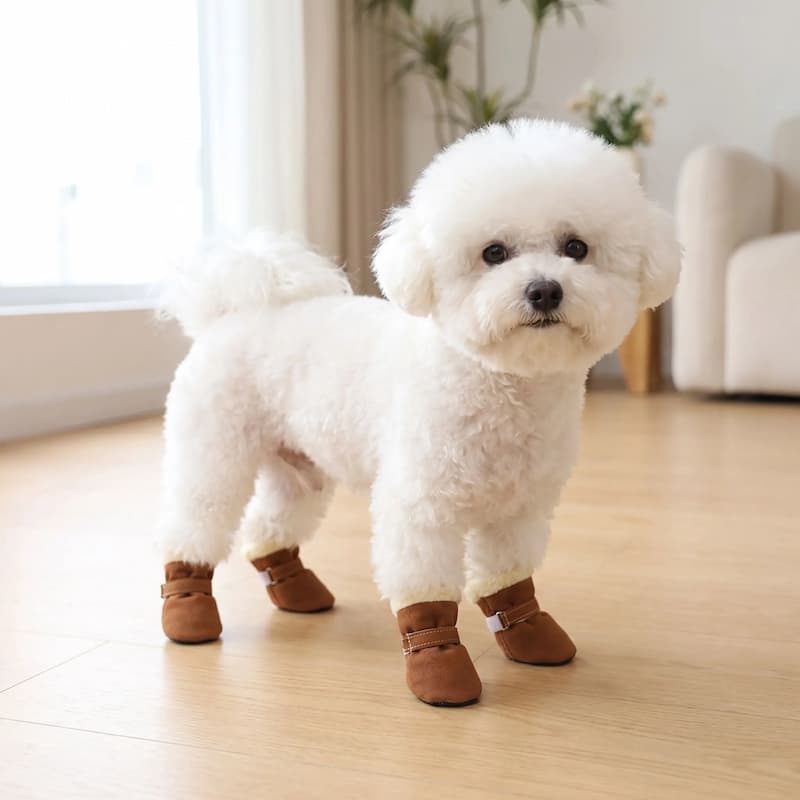 bichon blanc debout parquet portant chaussure chien marron