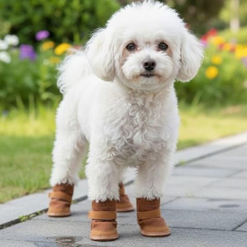bichon portant chaussure chiens marron dans jardin