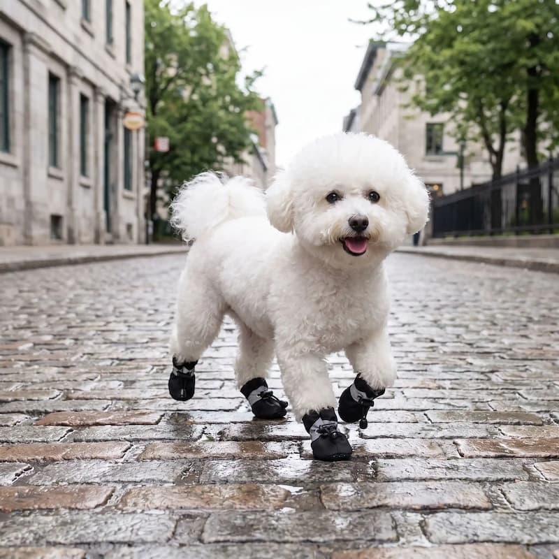 bichon portant chaussure chiens noir rue pavée mouillée