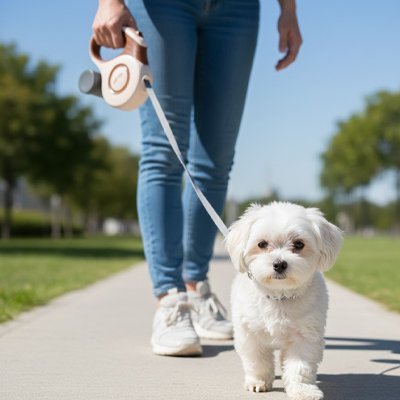 bichon se promene avec laisse pour chien enrouleur marron