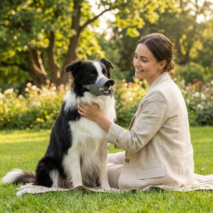 border collie assis herbe avec muselière gris a cote femme
