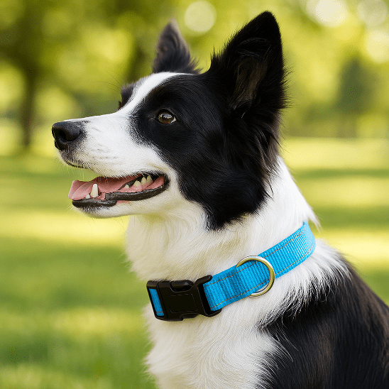 border collie avec collier pour chien bleu ciel