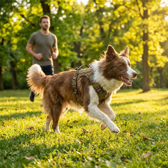 border collie court herbe portant harnais pour chien kaki