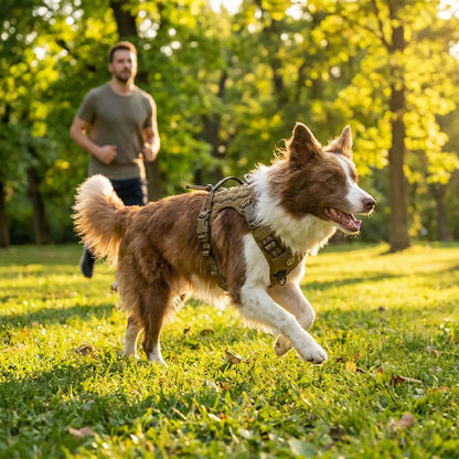border collie court herbe portant harnais pour chien kaki
