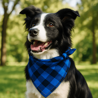 border collie parc bandana chien carreaux bleu noir