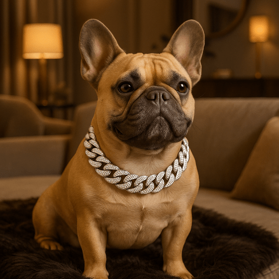 bouledogue francais assis fauteuil collier pour chien argente