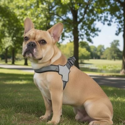 bouledogue francais assis parc avec harnais pour chien noir