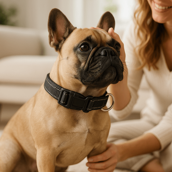 bouledogue francais assis salon collier pour chien noir nylon