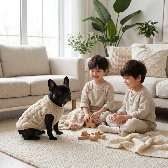 bouledogue francais avec pull chien beige enfants qui jouent
