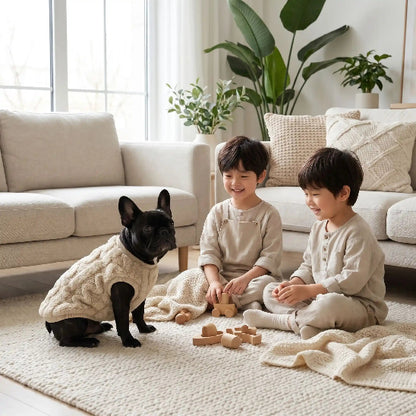 bouledogue francais avec pull chien beige enfants qui jouent