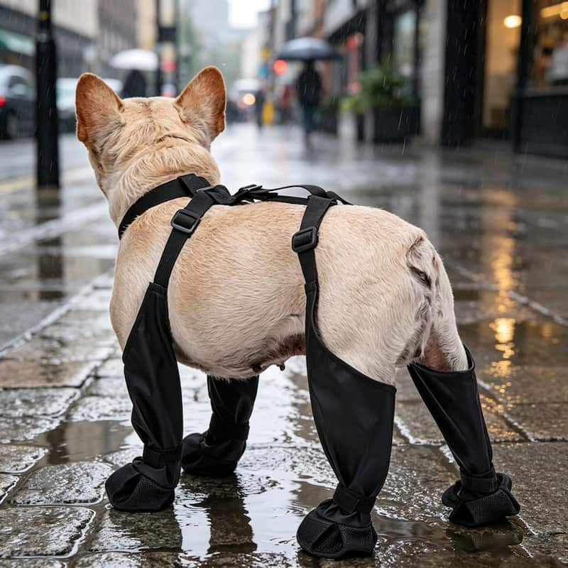 bouledogue français debout sous pluie avec bottes chien antidérapantes