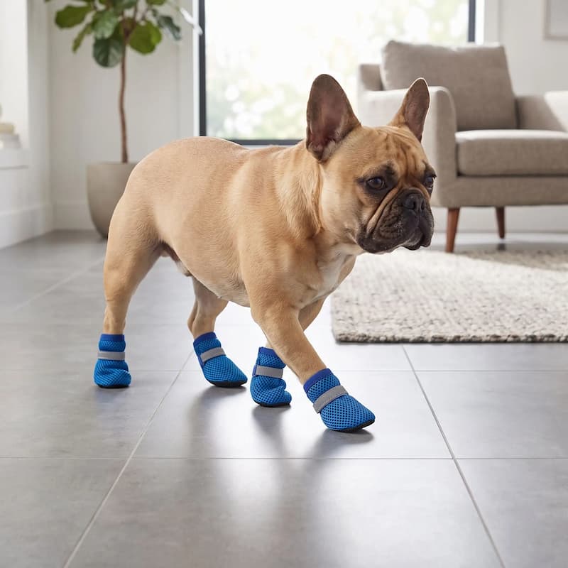 bouledogue français marchant carrelage avec chaussures pour chien bleu