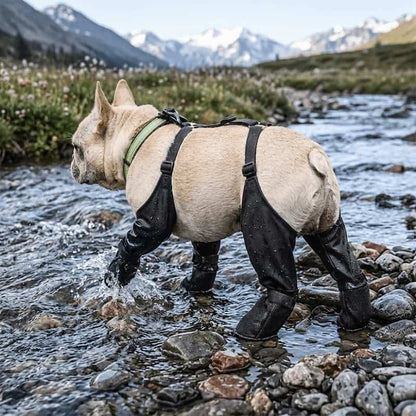 bouledogue français marche dans rivière avec bottes chien bretelles