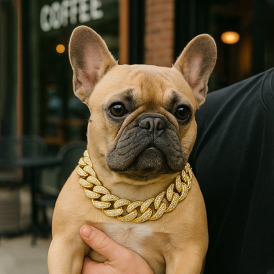 bouledogue francais porte par maitre collier pour chien dore