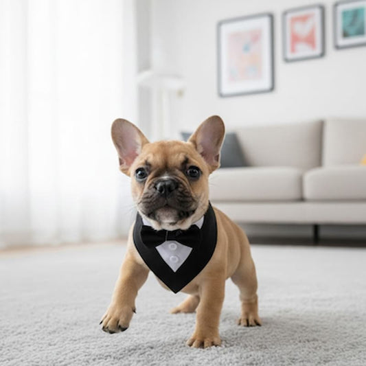 bouledogue francais salon portant bandana pour chien tuxedo