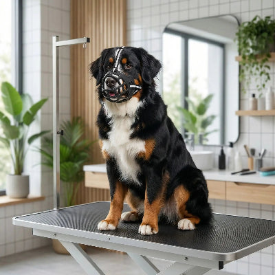 bouvier bernois chez le toiletteur museliere chien noir