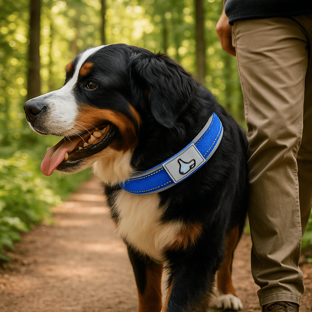 bouvier bernois promene foret maitre collier chien bleu profond