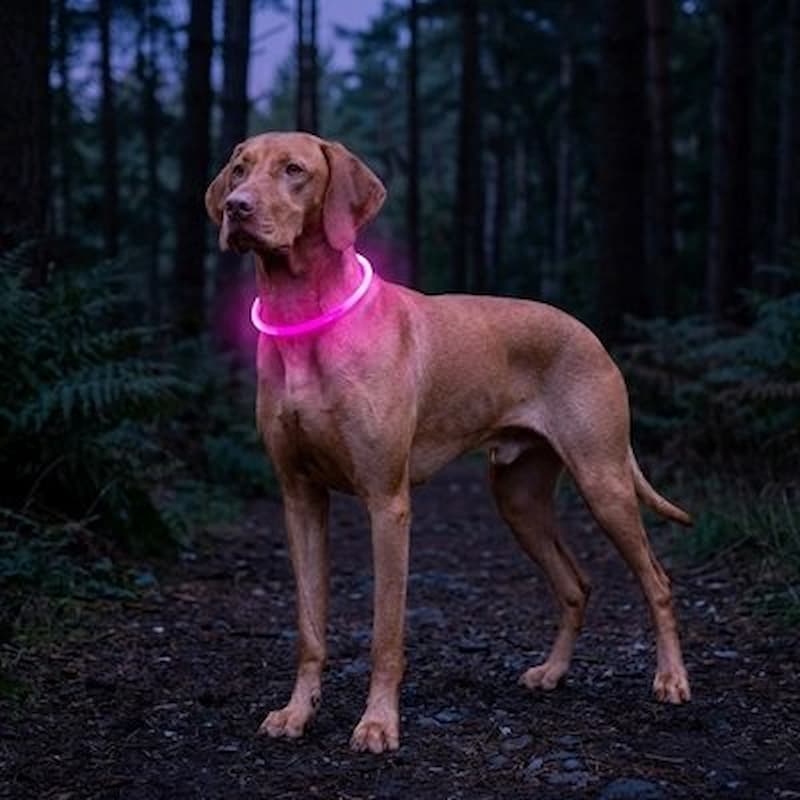 braque de weimar avec collier chien lumineux rose foret