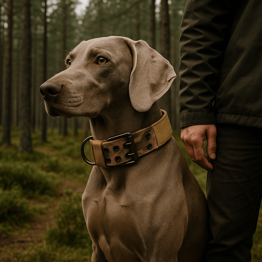 braque de weimar collier pour chien assis foret avec maitre
