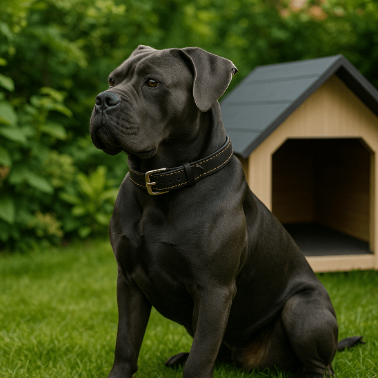 cane corso collier chien cuir noir assis niche herbe