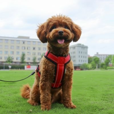 caniche assis herbe avec harnais pour petit chien rouge