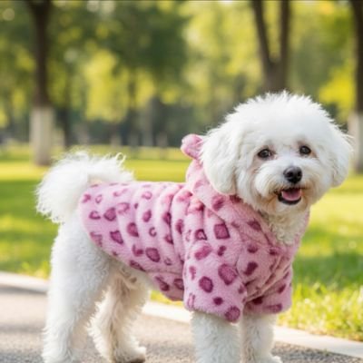 caniche blanc dans parc portant manteau chien leopard rose
