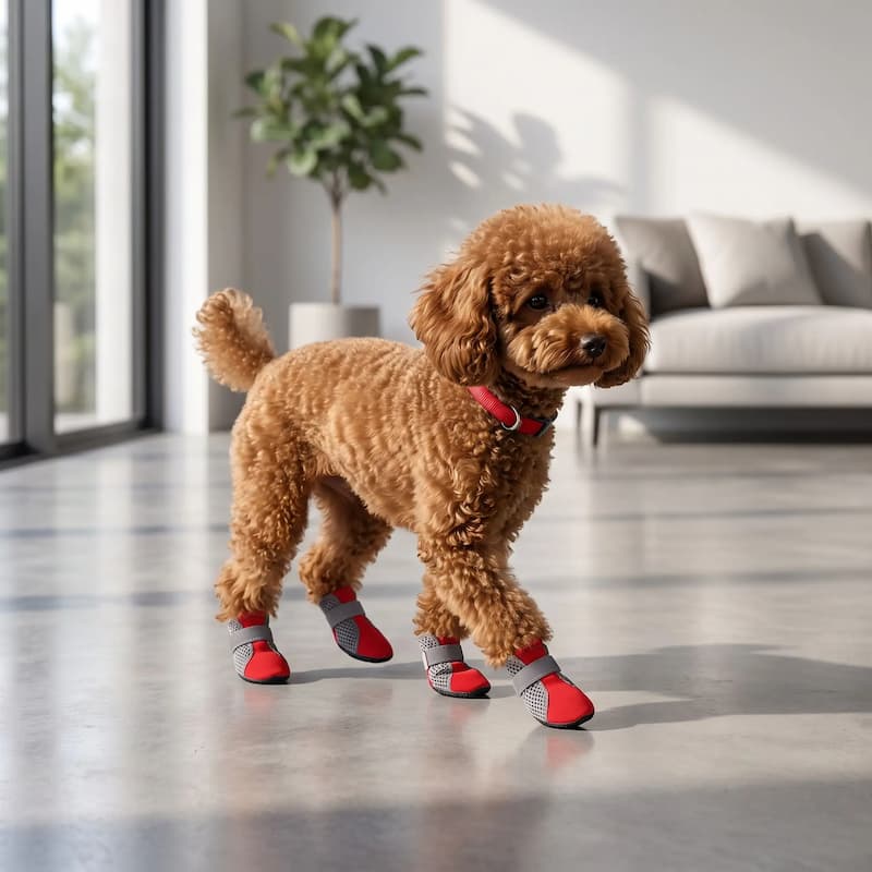 caniche marchant sol lisse avec chaussure chien rouge antidérapante