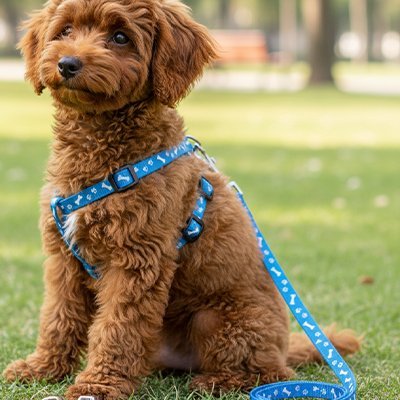 caniche marron assis parc laisse pour chien bleu harnais assorti