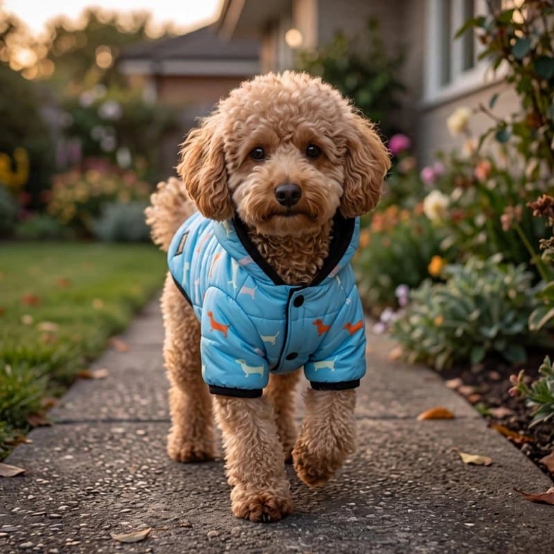 caniche portant manteau chien bleu avec boutons dans jardin