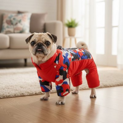 carlin dans salon avec manteau pour chien bicolore rouge