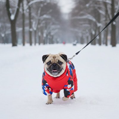 carlin marche dans neige avec manteau pour chien rouge