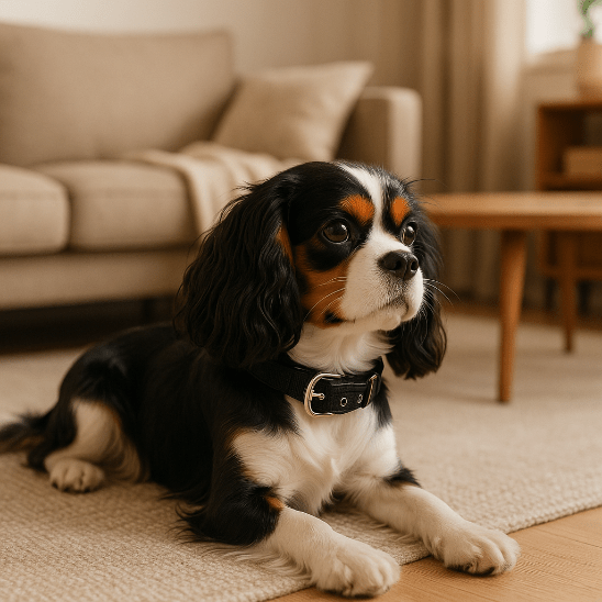 cavalier king charles allonge salon avec collier pour chien noir