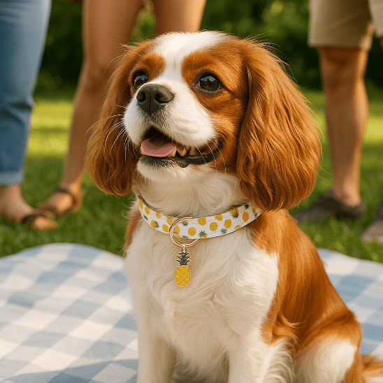 cavalier king charles assis nappe pique nique collier chien ananas
