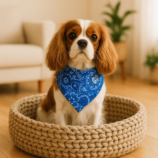 cavalier king charles assis panier bandana chien bleu