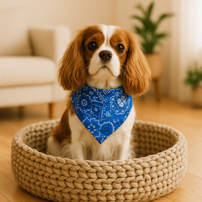 cavalier king charles assis panier bandana chien bleu